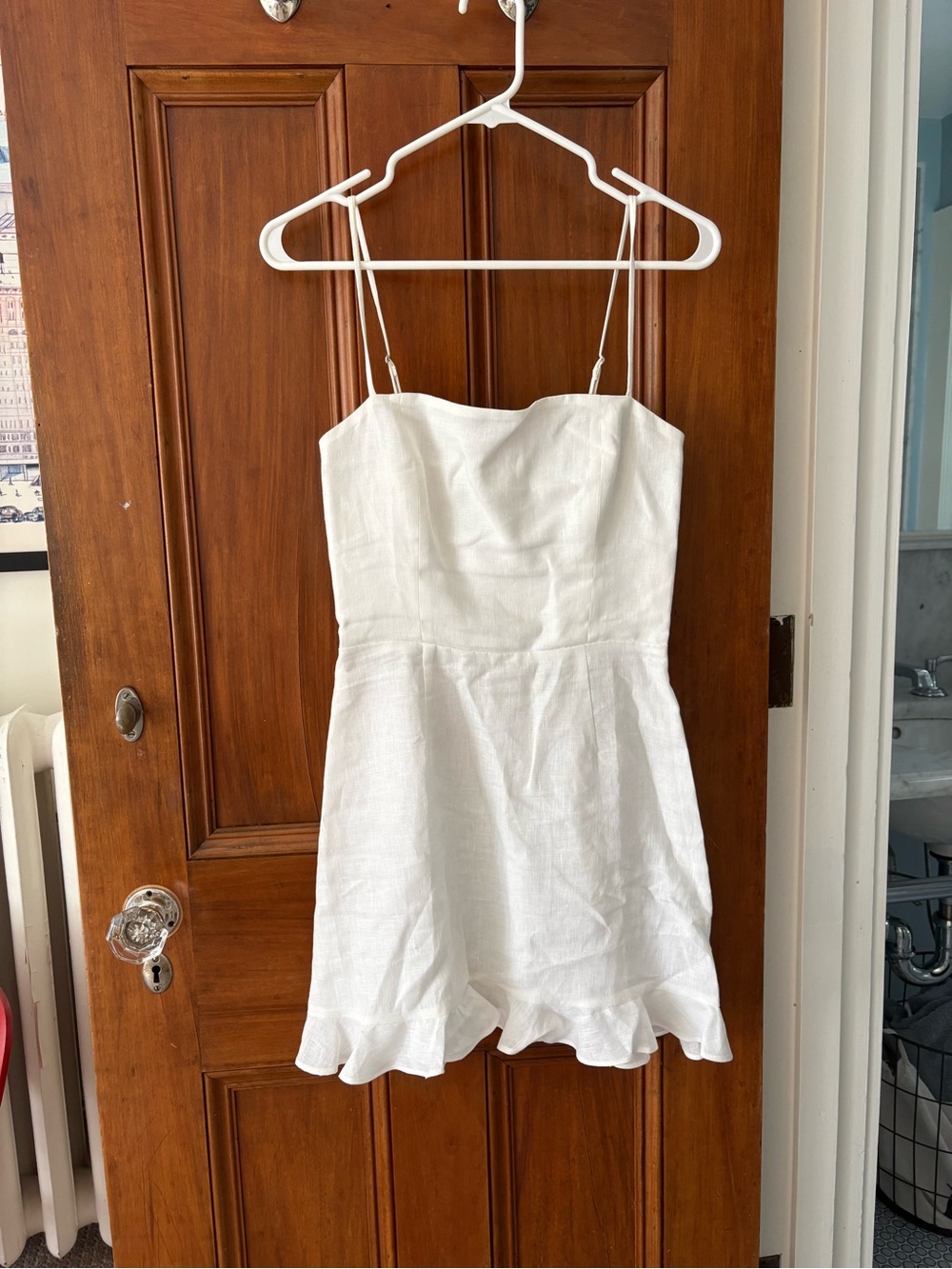Reformation White Linen Spaghetti-Strap Ruffle-Hem Mini Dress, Size 6